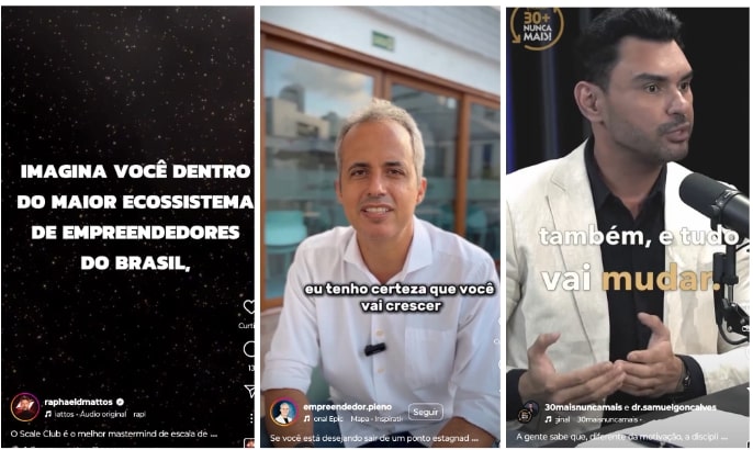 A imagem é uma montagem com três clipes de vídeo que abordam temas relacionados ao empreendedorismo:  1. **Primeiro clipe**: Um fundo escuro com estrelas e a frase "IMAGINA VOCÊ DENTRO DO MAIOR ECOSSISTEMA DE EMPREENDEDORES DO BRASIL", sugerindo uma chamada inspiradora para se juntar a uma comunidade de empreendedores.  2. **Segundo clipe**: Um homem com cabelo grisalho e camisa clara fala diretamente para a câmera, com a legenda "eu tenho certeza que você vai crescer". Ele parece confiante e motivador, transmitindo uma mensagem de encorajamento para aqueles que buscam desenvolvimento pessoal e profissional.  3. **Terceiro clipe**: Um homem bem vestido, sentado em uma mesa com microfone, diz: "também, e tudo vai mudar". Ele parece estar discutindo mudanças e inovações no mundo dos negócios, enfatizando a importância da adaptação.  A  imagem representa exemplos de como fazer reels