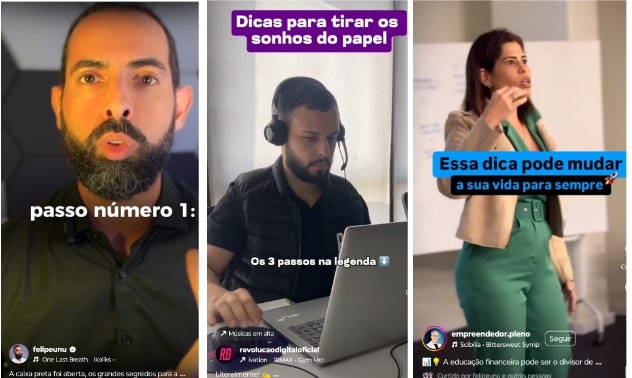 A imagem é uma montagem com três clipes de vídeo que abordam temas de motivação e empreendedorismo:  1. **Primeiro clipe**: Um homem com barba e camisa preta fala diretamente para a câmera, com a legenda "passo número 1:". Ele parece estar dando conselhos ou instruções, transmitindo uma mensagem de liderança e orientação.  2. **Segundo clipe**: Um jovem sentado em uma mesa, usando fones de ouvido e concentrado em seu computador. A legenda diz "Dicas para tirar os sonhos do papel" e "Os 3 passos na legenda", sugerindo que ele está envolvido em um trabalho que visa ajudar as pessoas a realizarem seus objetivos.  3. **Terceiro clipe**: Uma mulher vestindo um terno verde fala com entusiasmo, com a legenda "Essa dica pode mudar a sua vida para sempre". Ela parece estar compartilhando insights valiosos, enfatizando a importância de dicas práticas para o sucesso.  A  imagem representa exemplos de como fazer reels