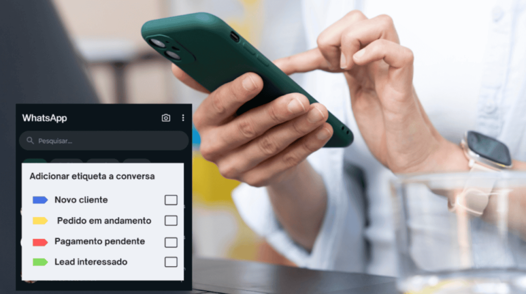 A imagem mostra uma pessoa segurando um smartphone e interagindo com ele, sugerindo um ambiente de trabalho ou comunicação ativa. No canto inferior esquerdo, há uma captura de tela do WhatsApp que exibe a opção de adicionar etiquetas a conversas. As etiquetas disponíveis incluem "Novo cliente," "Pedido em andamento," "Pagamento pendente," e "Lead interessado," cada uma com uma cor diferente. Essa imagem sugere o uso organizado e estratégico do WhatsApp para gerenciar interações com clientes em diferentes estágios do funil de vendas.